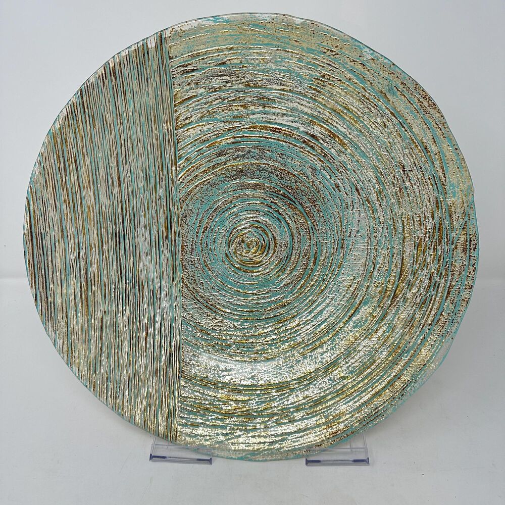 Large Akcam Turkish Art Glass Centerpiece Bowl - 15.75" Teal & Gold